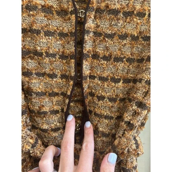 St John Sport Knit Long coat jacket multi brown with fur trim belt NWOT Small‎